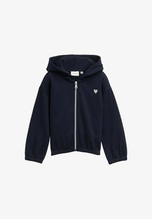 Navy Zip-Up-Hoodie aus weichem Stoff, mit einer Fronttasche, gerippten Bündchen und einem kleinen silbernen Herzakzent auf der Brust.