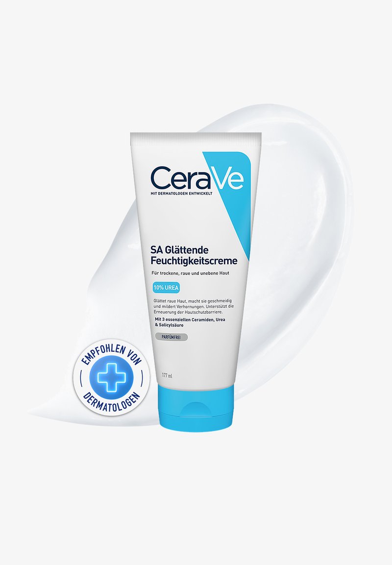 CeraVe SA glättende Feuchtigkeitscreme in der Tube mit 10 % Urea, für trockene, raue Haut, von Dermatologen empfohlen, dargestellt mit Creme-Spur im Hintergrund.