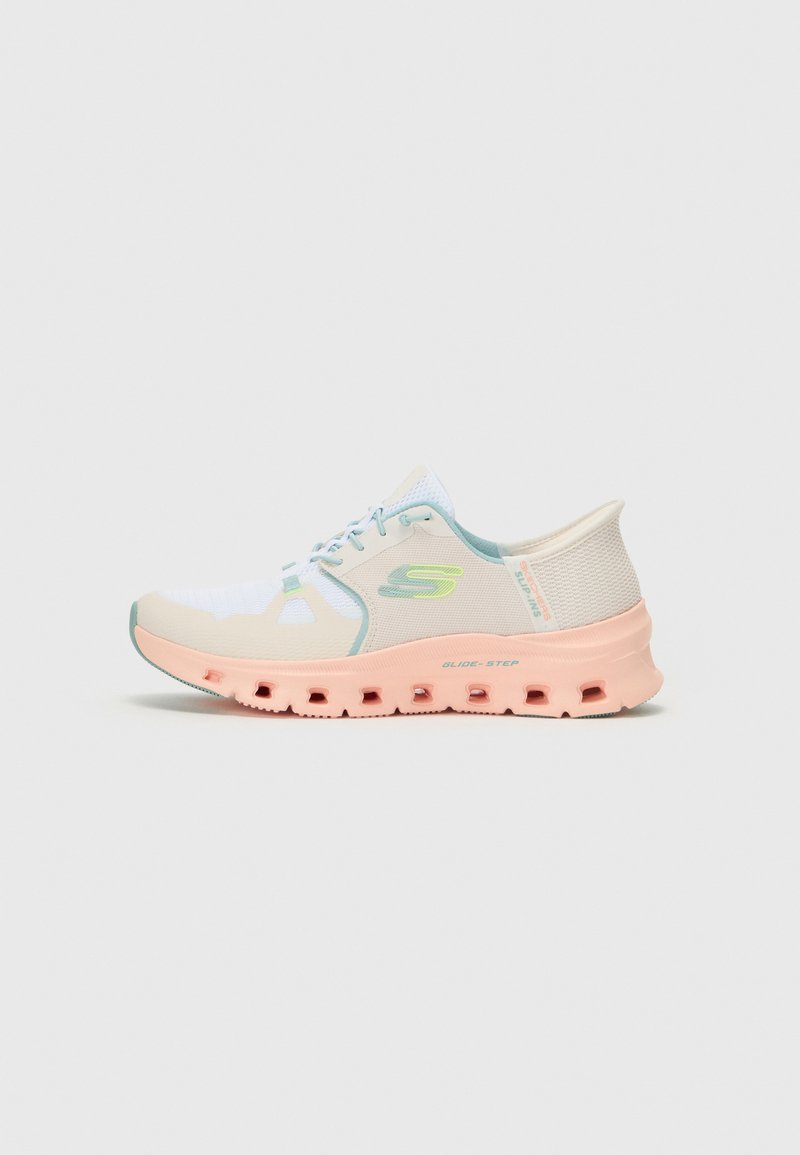 Lightweight running shoe features a beige and mint mesh upper with a pink cushioned sole and flexible cutouts for breathability and support.