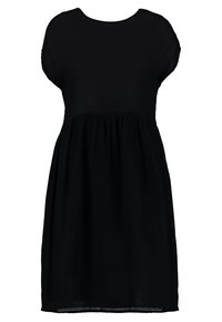 Schwarzes Kleid aus leichtem Stoff, mit lässiger Passform, rundem Ausschnitt und gerafftem Taillenbereich, das oberhalb des Knies endet.