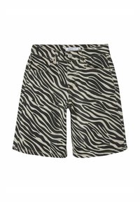 Zebraramade denimshorts i beige och svart, med knappstängning, fem fickor och en något fransad fåll.
