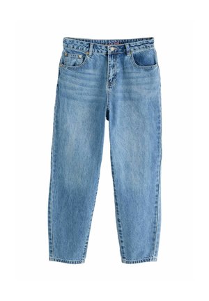 Blaue High-Waist gerade geschnittene Denim-Jeans mit Frontknopf, Reißverschluss und fünf Taschen Design auf weißem Hintergrund.