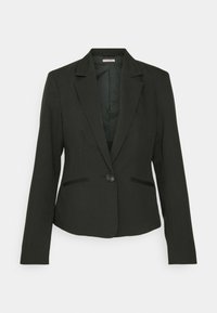 Černý blazer s přizpůsobeným střihem, klopovými límci, zapínáním na jeden knoflík a dvěma předními kapsami. Hladká tkanina se strukturovaným designem.
