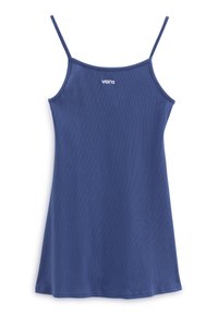 Robe sans manches bleue en tissu lisse, avec des bretelles fines et un ourlet droit. Logo Vans notable imprimé à l'avant.