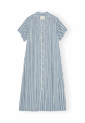 Marškininė suknelė su trumpomis rankovėmis, mėlynomis ir baltomis vertikaliomis juostelėmis, su apykakle ir laisvu siluetu. Pagaminta iš kvėpuojančios medžiagos.