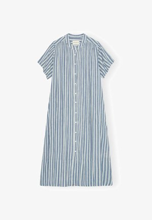 Šaty na knoflíky s krátkými rukávy, modro-bílými svislými pruhy, límečkovým výstřihem a volným střihem. Vyrobeny z prodyšného materiálu.
