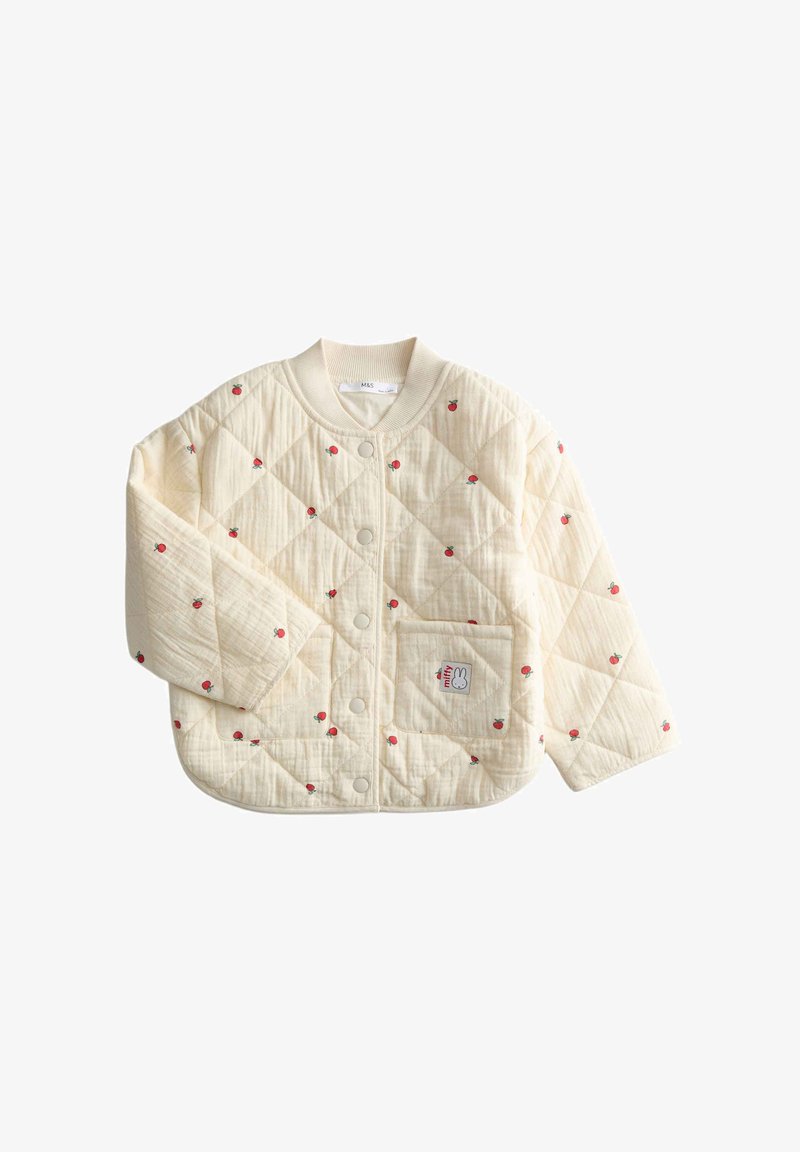 Cream quilted jacket with small red cherry prints, snap buttons, ribbed collar, and front pocket featuring a small bunny patch.