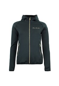 Veste noire à fermeture éclair avec une texture douce, capuche et élément doré. Comprend des poches latérales et un logo brodé "Peaks Mountain".