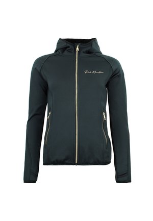 Veste noire à fermeture éclair avec une texture douce, capuche et élément doré. Comprend des poches latérales et un logo brodé "Peaks Mountain".