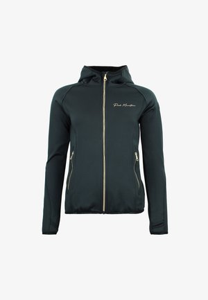 Veste noire à fermeture éclair avec une texture douce, capuche et élément doré. Comprend des poches latérales et un logo brodé "Peaks Mountain".