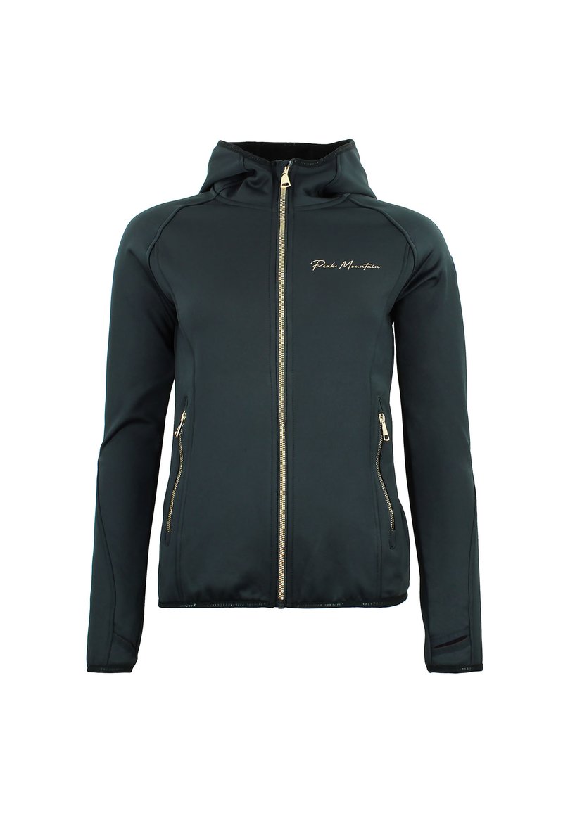 Veste noire à fermeture éclair avec une texture douce, capuche et élément doré. Comprend des poches latérales et un logo brodé "Peaks Mountain".