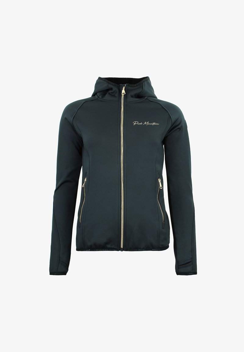 Veste noire à fermeture éclair avec une texture douce, capuche et élément doré. Comprend des poches latérales et un logo brodé "Peaks Mountain".