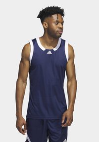 Navyblaues ärmelloses Basketballtrikot mit weißen Akzenten. Hergestellt aus leichtem Stoff, mit Rundhalsausschnitt und Adidas-Logo.
