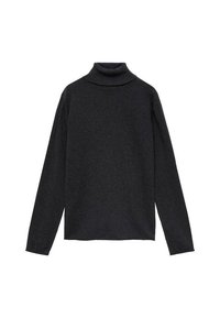 Temno siv pulli s visokim ovratnikom, narejen iz mehke pletenine, z dolgimi rokavi in sproščenim krojem. Brez vzorcev ali okraskov.