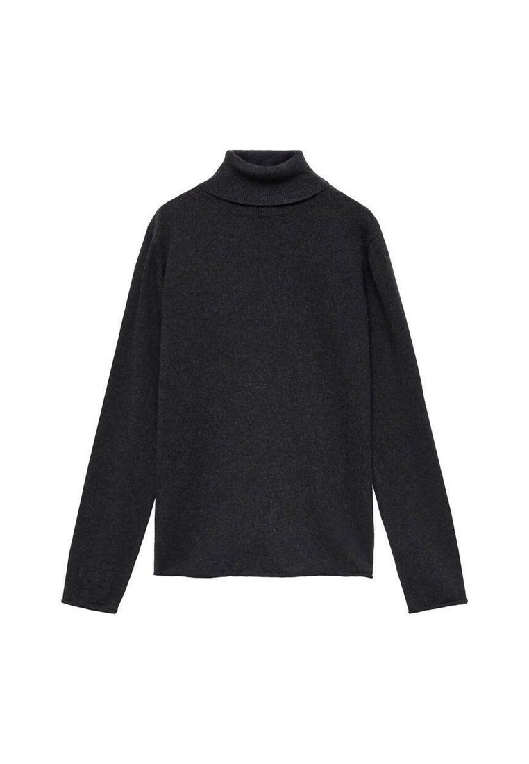 Temno siv pulli s visokim ovratnikom, narejen iz mehke pletenine, z dolgimi rokavi in sproščenim krojem. Brez vzorcev ali okraskov.