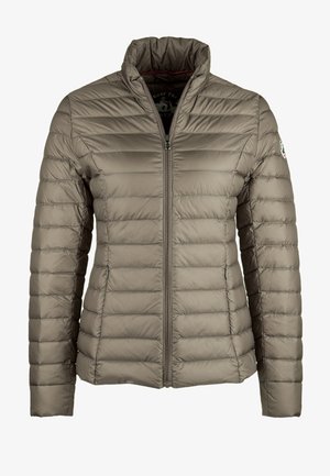 Polstret, letvægtsjakke i lys taupe med høj krave, fuld lynlås og horisontal quiltning for isolering.