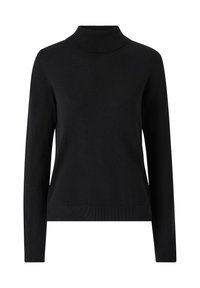 Maglione nero a maniche lunghe con colletto a imbuto realizzato in tessuto liscio a maglia. Presenta un design aderente con scollatura e orlo a coste. Stile semplice e versatile.