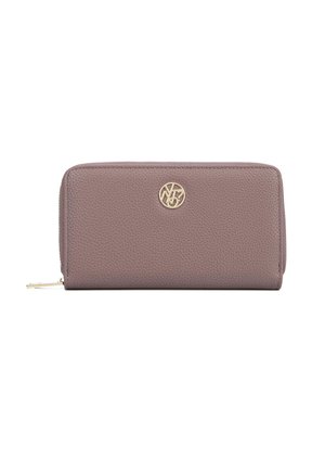 Portafoglio rettangolare in pelle mauve testurizzata, con logo dorato sul davanti e chiusura a zip lungo il bordo superiore.