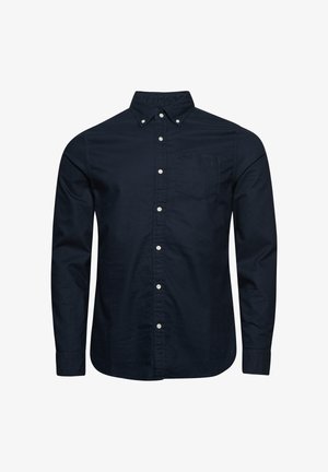 Marineblauwe overhemd met lange mouwen, knoopsluiting aan de voorkant, kraag, enkele borstzak, gemaakt van katoen, met witte knopen en een gladde textuur.