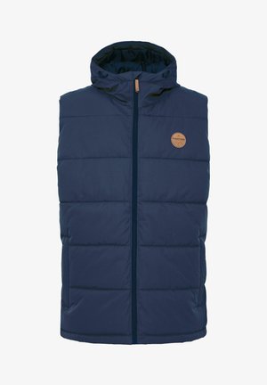 Marineblauwe gewatteerde vest met capuchon, voorzien van een ritssluiting aan de voorkant, een geborduurd ontwerp en een rond leren logopatch op de borst. Gladde textuurafwerking.