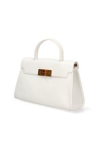 Borsa in pelle bianca con un design strutturato, dotata di manico superiore e forma rettangolare. Dettaglio di chiusura in metallo dorato sulla parte anteriore.
