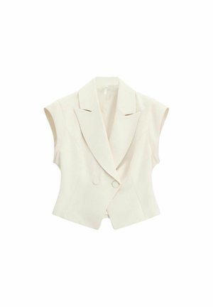 Blazer bianco senza maniche, su misura, con ampi revers e due bottoni rivestiti in tessuto sul davanti.