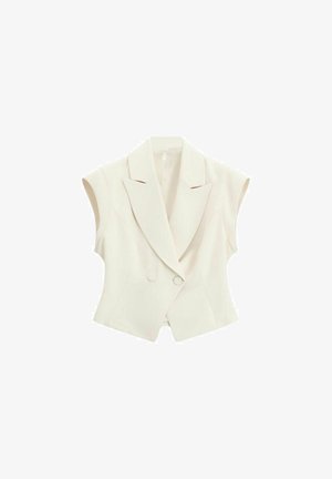 Blazer bianco senza maniche, su misura, con ampi revers e due bottoni rivestiti in tessuto sul davanti.