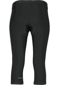 Schwarze Radsportshorts aus dehnbarem Material, mit gepolstertem Chamois, mittellanger Passform, flachen Nähten und Logodetails am unteren Bein.
