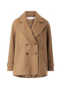 Bruine wollen blended jas met een dubbelzijdig ontwerp, grote revers, twee voorzakken en subtiele textuurstof. Met bruine knopen.