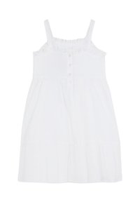 Weißes ärmelloses Kleid mit gerafftem Ausschnitt, Knopfleiste und gestickten Details. Ausgestellter Rock mit gerafftem Saum.