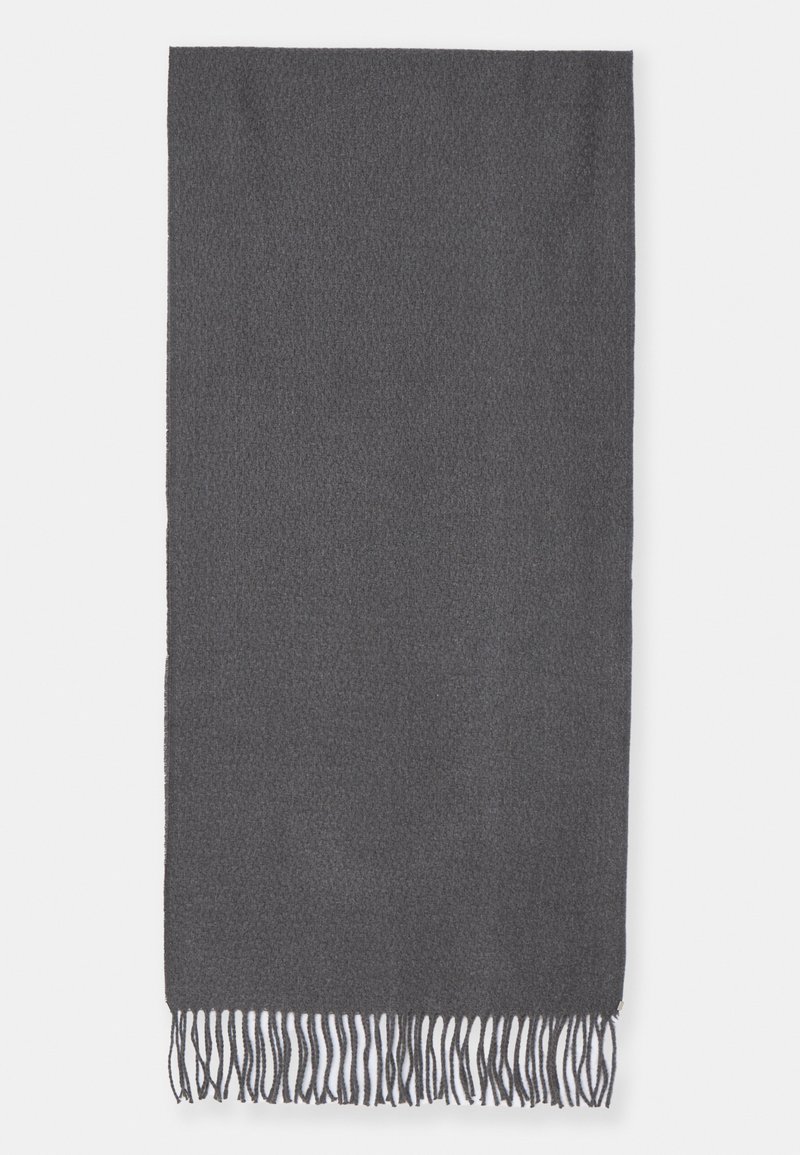 Gray scarf made of soft fabric with a textured surface, featuring fringed edges for added detail.