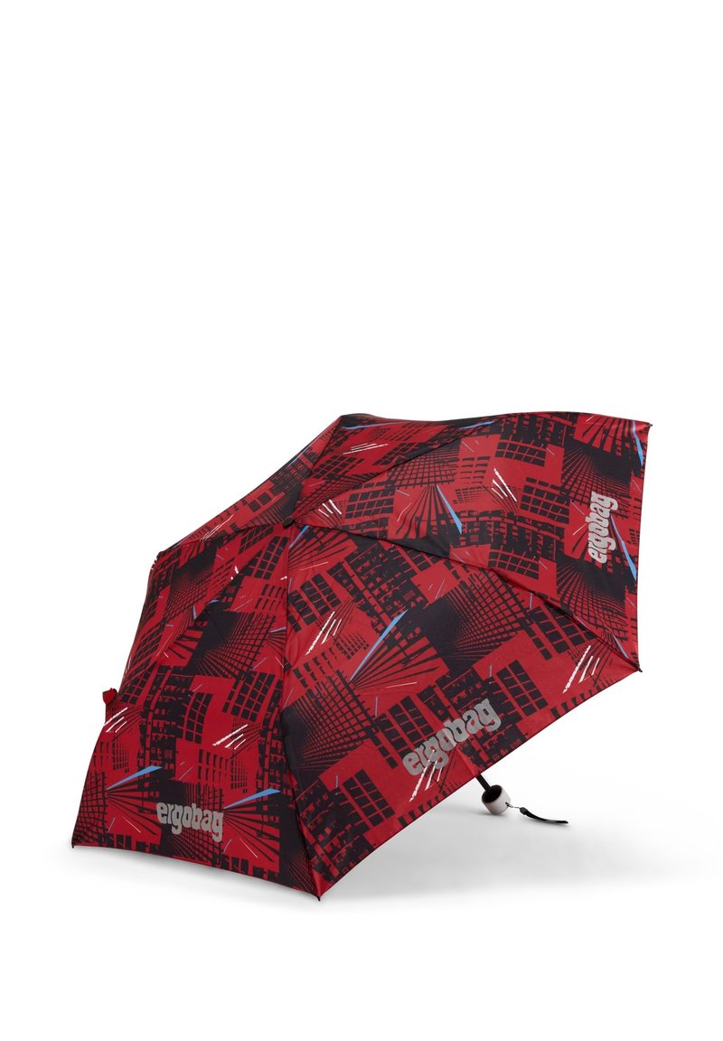 Red and black patterned umbrella with a geometric design, featuring a sturdy handle and compact structure for easy carrying.