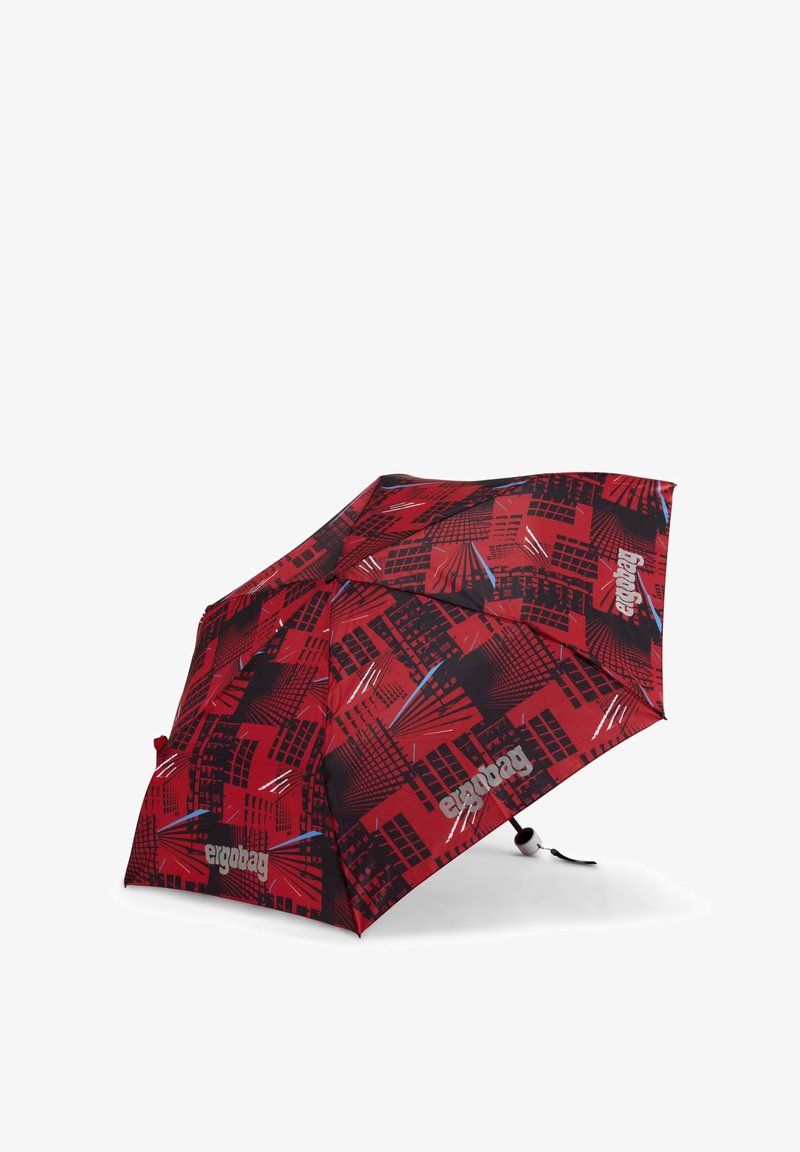 Rot-schwarz gemusterter Regenschirm mit geometrischem Design, ausgestattet mit einem stabilen Griff und kompakter Struktur für einfachen Transport.