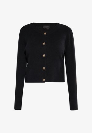 Zwarte cardigan met lange mouwen, een V-hals, voorknopjes in een natuurlijke afwerking en een cropped ontwerp. Gemaakt van een zachte breimateriaal.