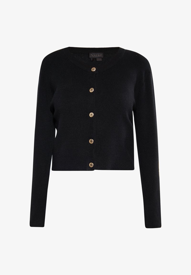 Fekete kardigán hosszú ujjal, V kivágással, elöl gombokkal, természetes fényű gombokkal és rövidített fazonnal. Puha kötött anyagból készült.