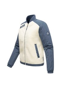 Veste doublée en polaire avec un devant crème et des manches en nylon bleu, dotée d'un col côtelé, d'une fermeture éclair et d'un patch logo sur la poitrine.