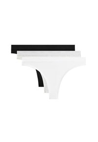 Tre par trosor i tanga-stil i svart, vitt och ljusgrått. Mjuk tyg med elastiska midjeband som har diskret branding.