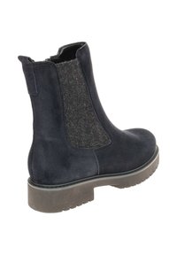 Marineblauwe enkellaars van suede met een gestreepte grijze stofpaneel, ronde neus en chunky rubberen zool met loopvlakdetail.