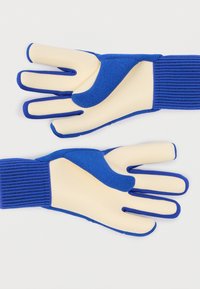 Ζευγάρι μπλε και μπεζ γαντιών με εκτεταμένες μανσέτες, σχεδιασμένα με ξεχωριστά δείκτη και μεσαίο δάχτυλο για ενισχυμένη λαβή και ευελιξία.