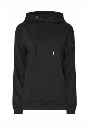 Felpa nera in tessuto morbido, con tasca a marsupio frontale, lacci con punte in argento e polsini e orlo a costine.