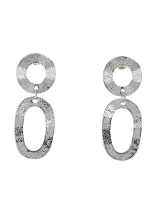 Silver-tone earrings with a textured circular top and larger oval pendant. Material appears metal, featuring a shiny, reflective finish.