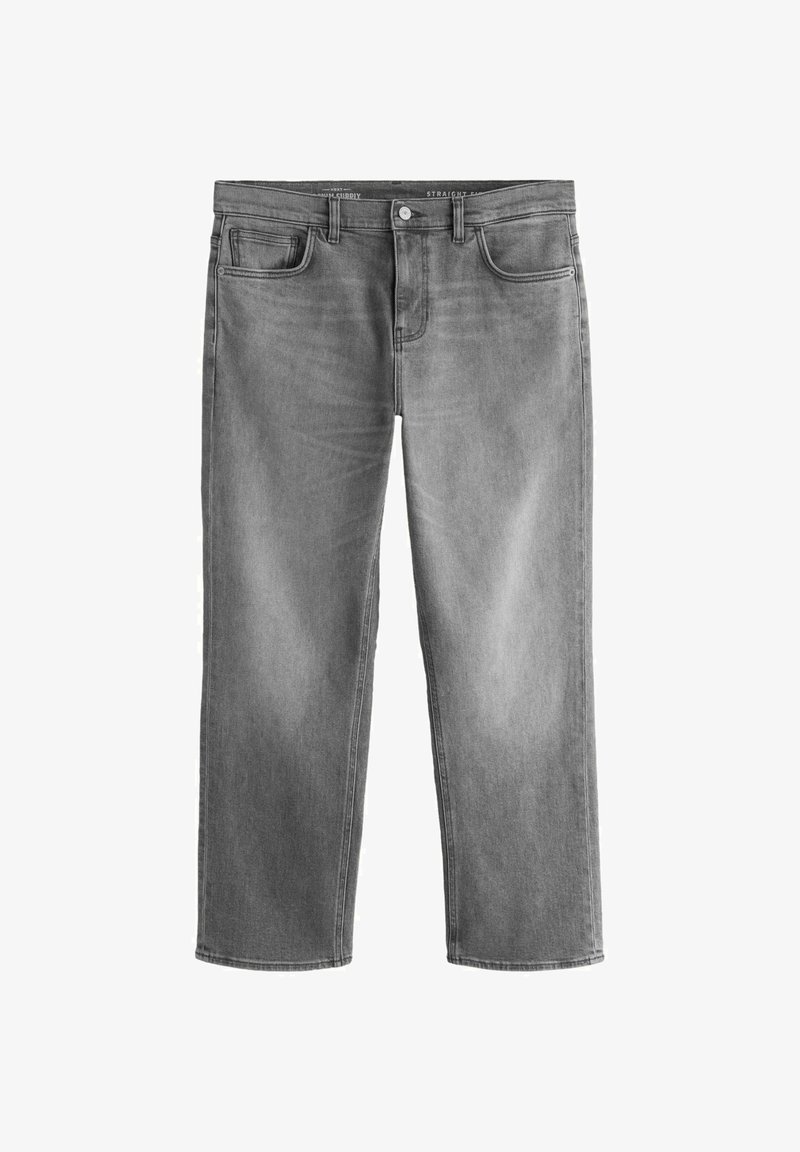 Jean denim gris coupe droite avec bouton et fermeture éclair à l'avant, passants pour ceinture et cinq poches, étalé à plat sur fond blanc.