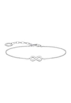 Zartes silbernes Kettenarmband mit einem zentralen Unendlichkeitszeichen und einem Karabinerverschluss mit verstellbaren Gliedern.