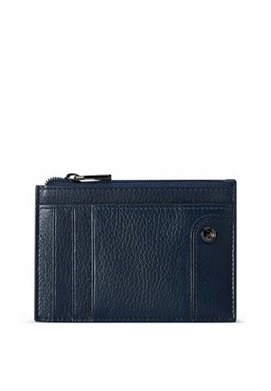 Porte-cartes en cuir bleu marine avec trois emplacements pour cartes, une poche à bouton-pression et un compartiment supérieur zippé.