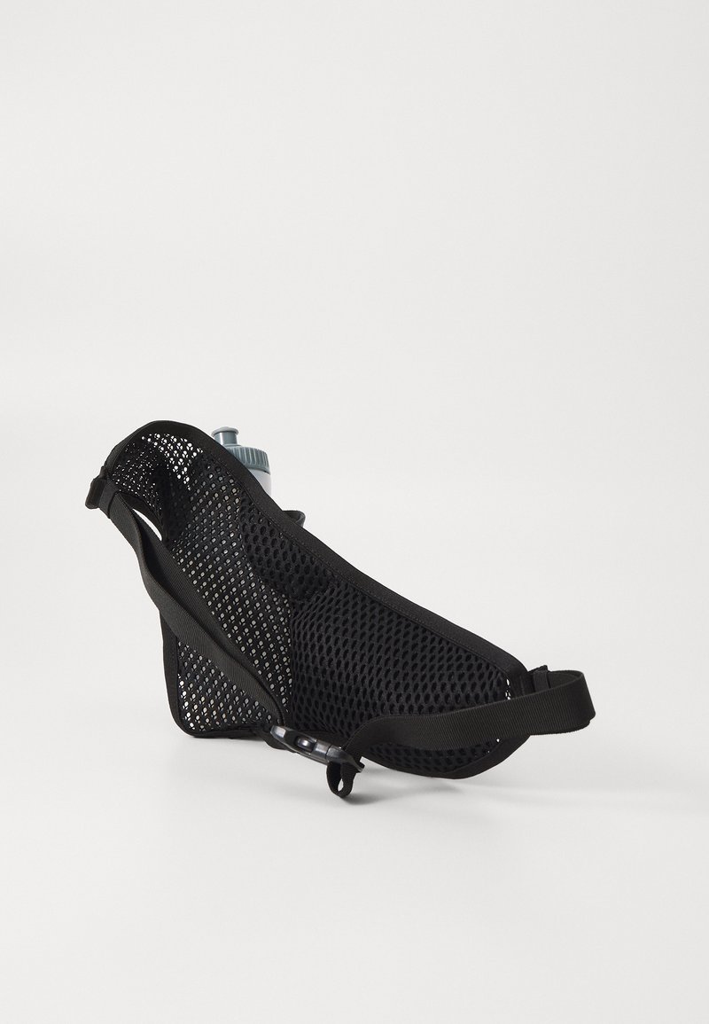 Black mesh hydration pack featuring a streamlined design, adjustable strap, and a built-in water bottle holder with textured accents.