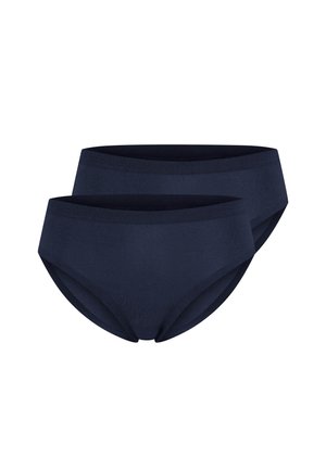 Deux slips en coton bleu foncé empilés, montrant les vues de face et de côté sur un fond blanc.