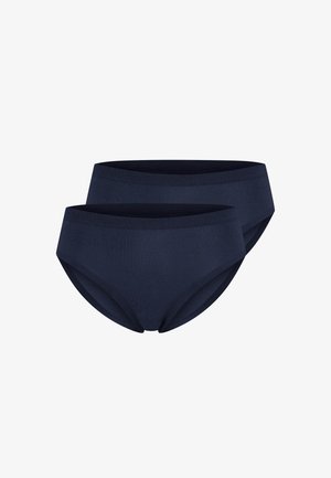 Zwei schlichte dunkelblaue Baumwollslips übereinander gestapelt, mit Vorder- und Seitenansicht auf einem weißen Hintergrund.