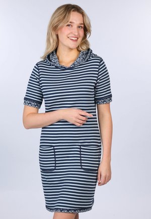 Gestreiftes Kleid in Marineblau und Hellblau, mit Kapuze, zwei vorderen Taschen, Ärmeln mit Blumenmuster und geradem Schnitt.