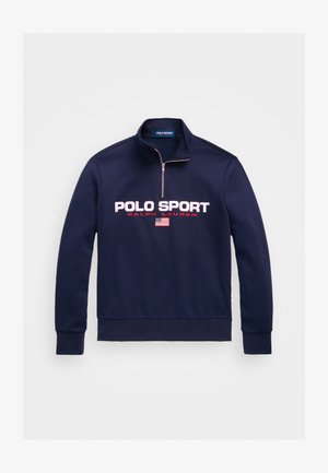 Sweatshirt azul-marinho com fecho zip, feito de uma mistura de algodão, apresentando "POLO SPORT" em texto branco e vermelho em negrito, com um gráfico da bandeira americana.