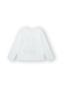 Camisa blanca de manga larga hecha de algodón. Presenta un escote redondo y un diseño sencillo con un sutil estampado visible en la parte posterior.